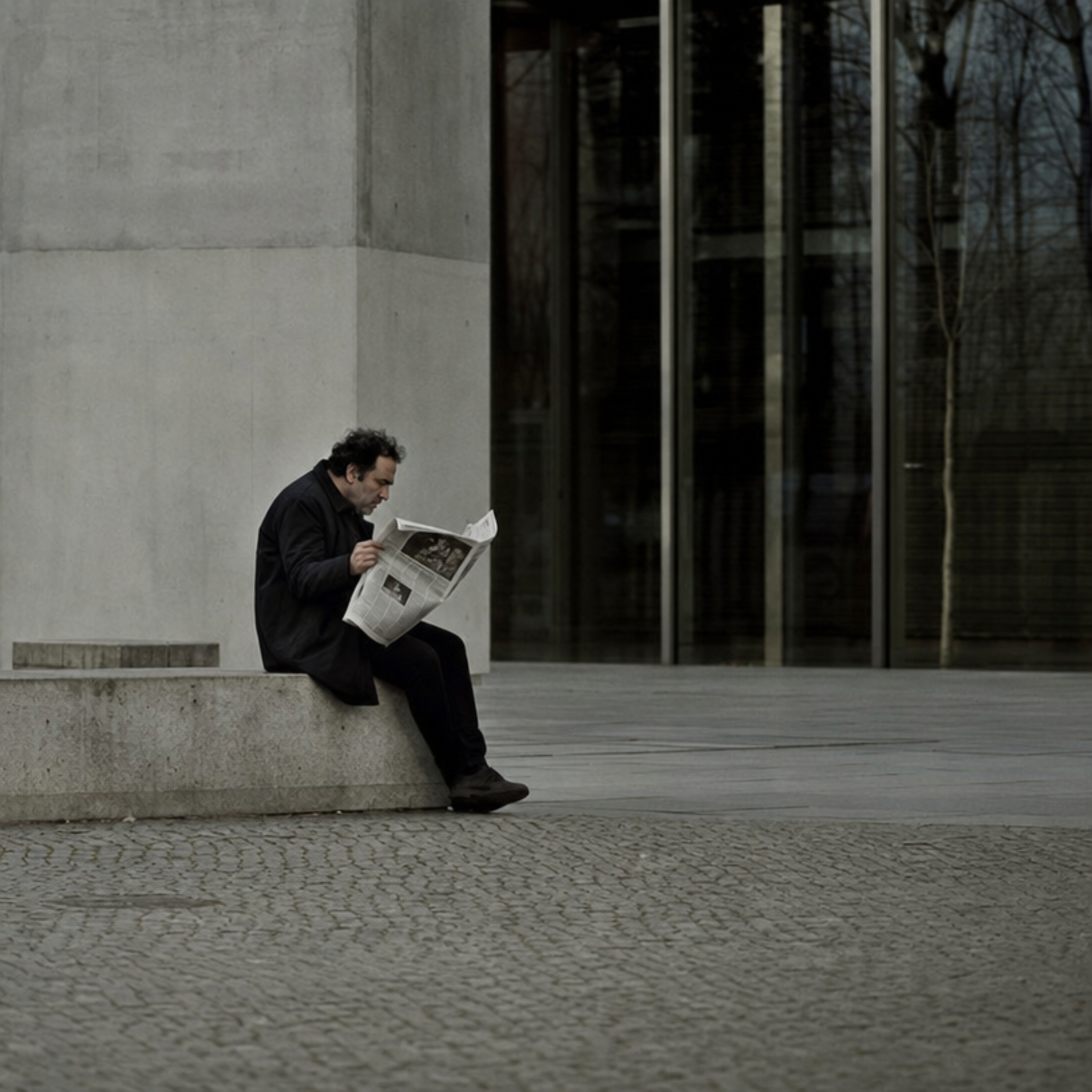 Homem lendo jornal em uma praça urbana